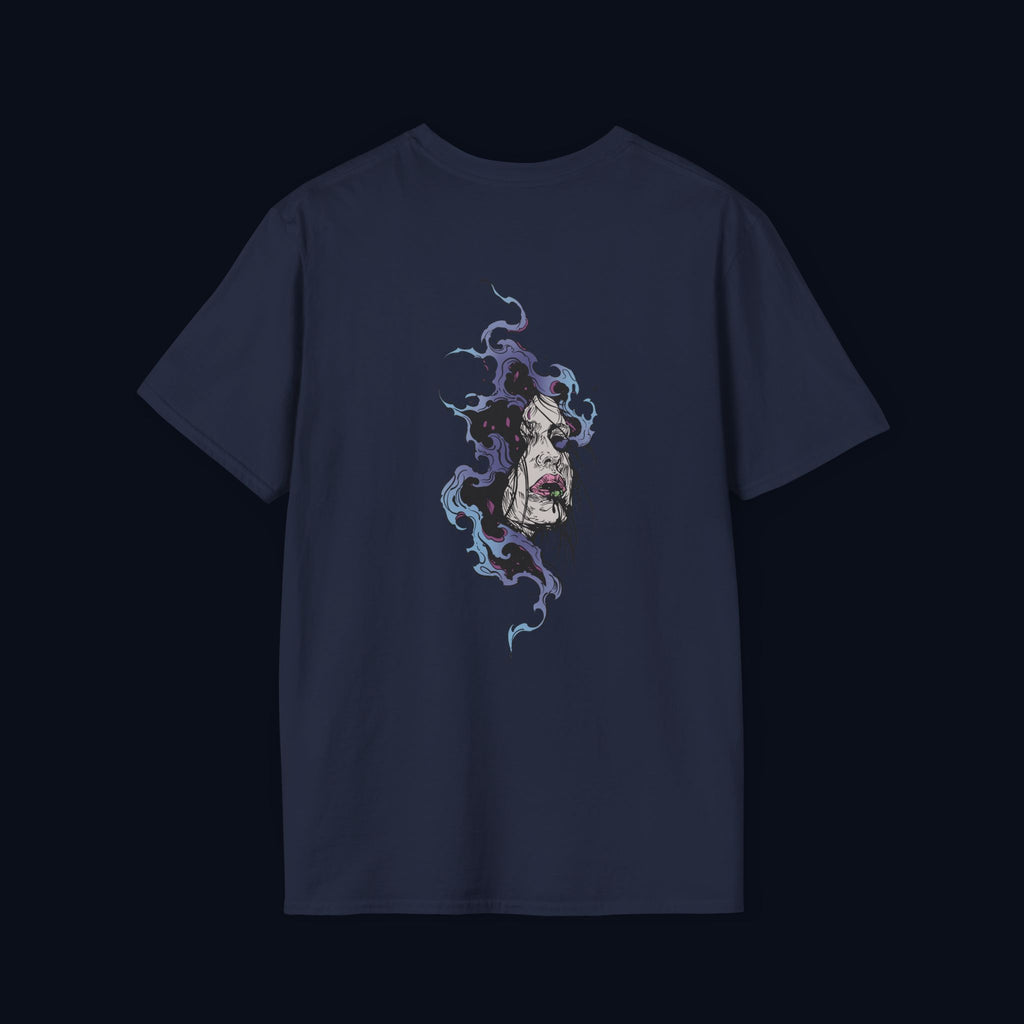 haunted portrait back print t-shirt — nostalgic streetwear inspired by memories