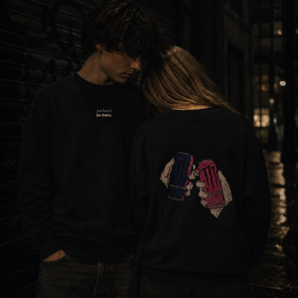 midnight cheers back print crewneck sweatshirt — nostalgic minimalist streetwear