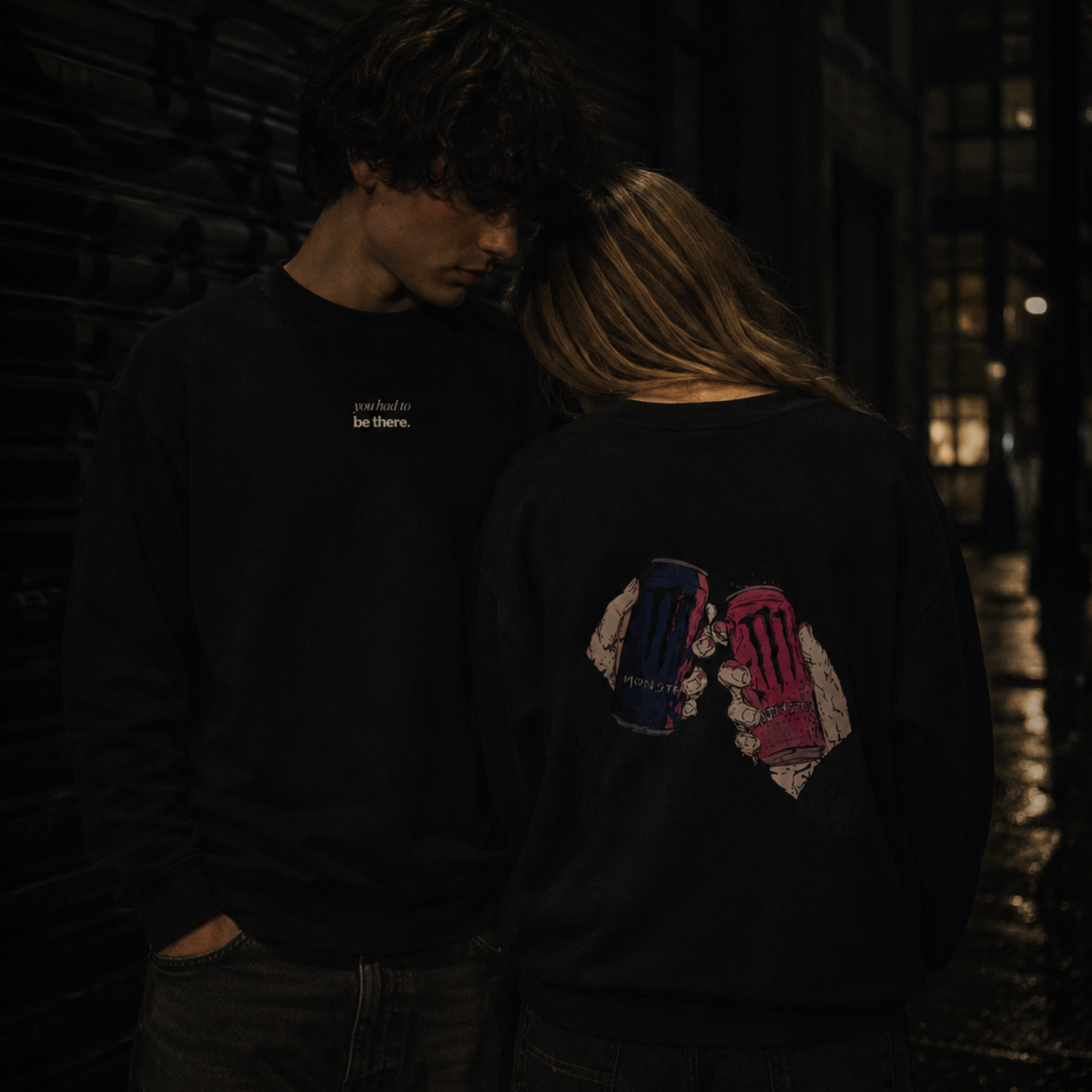 midnight cheers back print crewneck sweatshirt — nostalgic minimalist streetwear