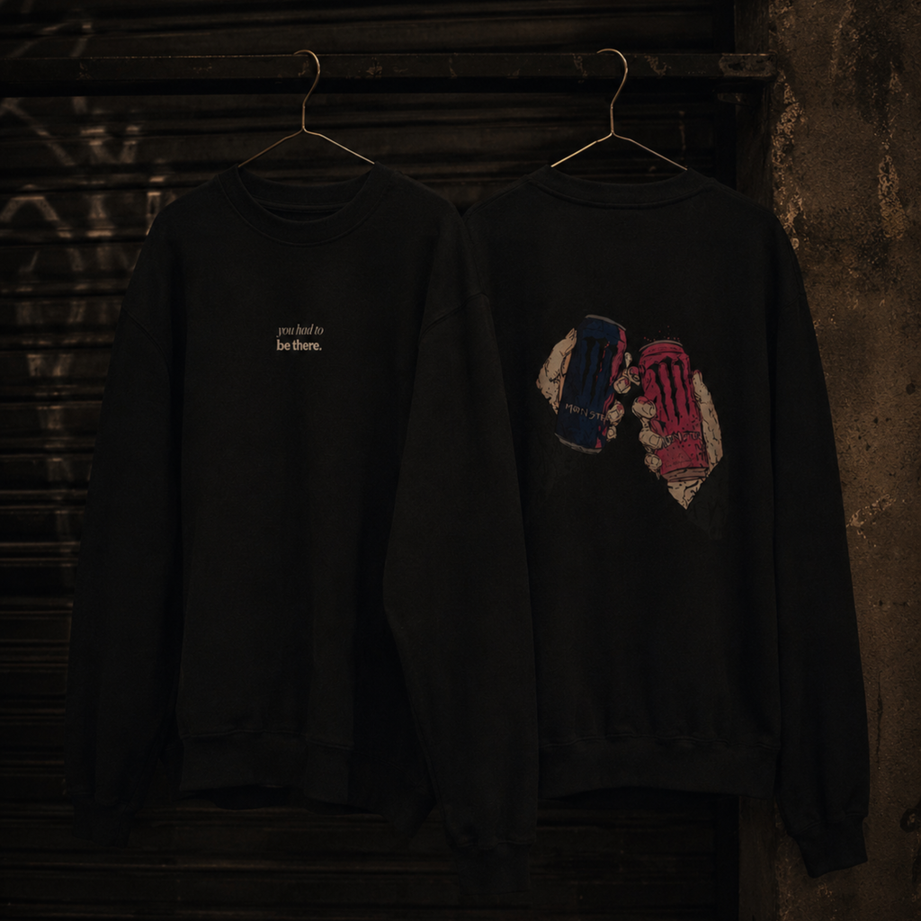 midnight cheers back print crewneck sweatshirt — nostalgic minimalist streetwear