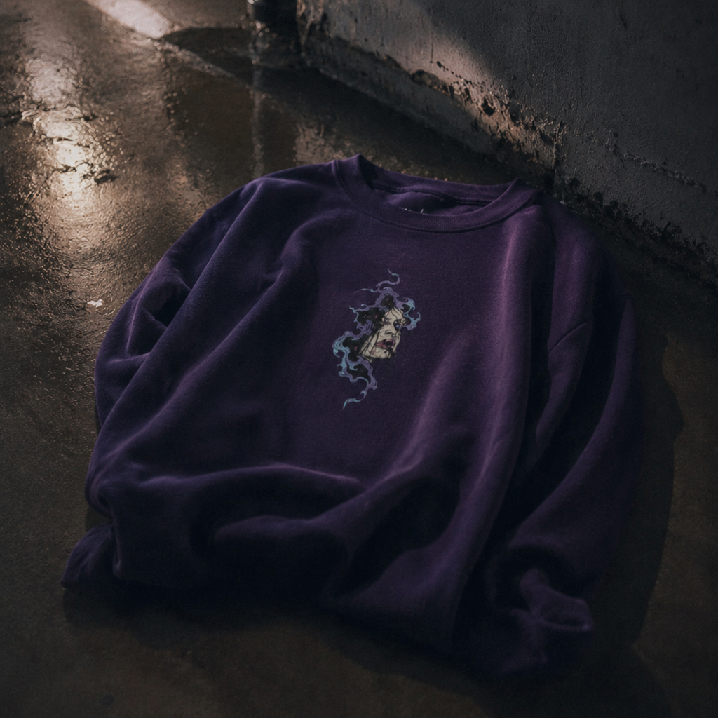 haunted portrait printed crewneck sweatshirt — nostalgic minimalist streetwear