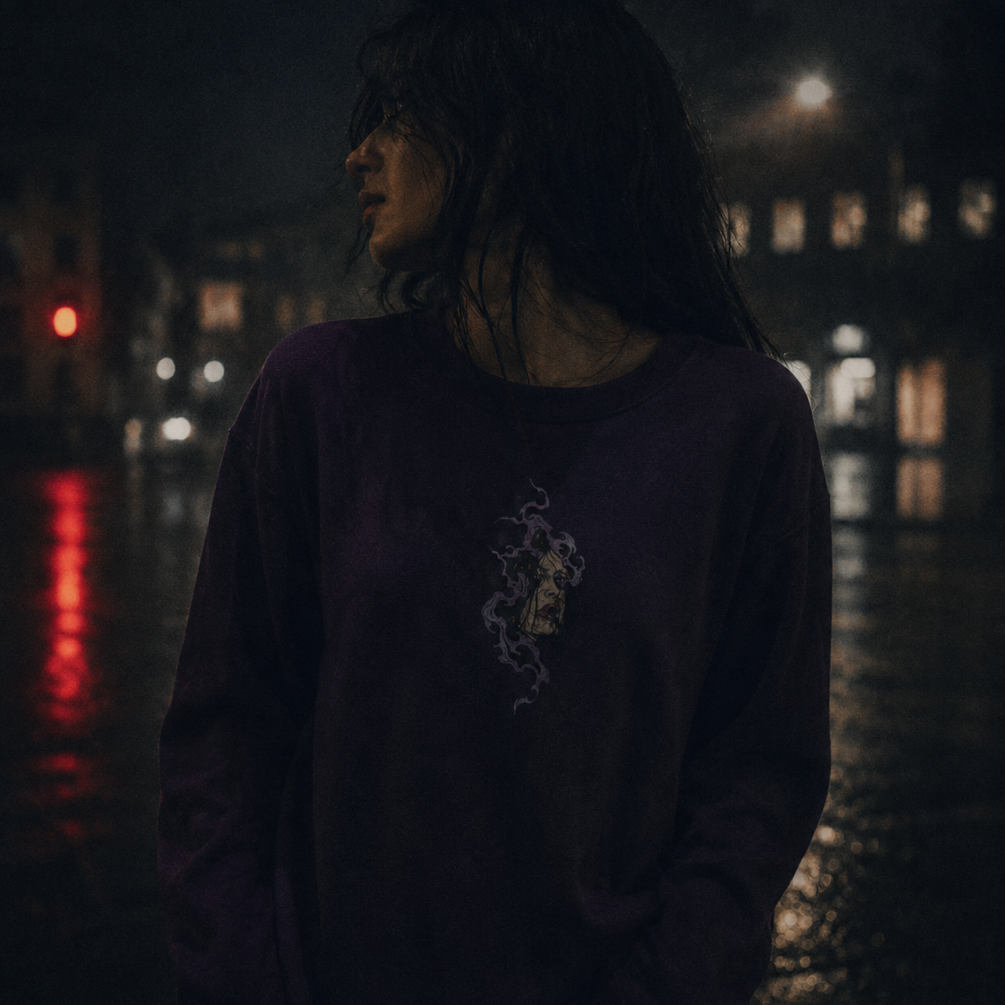 haunted portrait printed crewneck sweatshirt — nostalgic minimalist streetwear