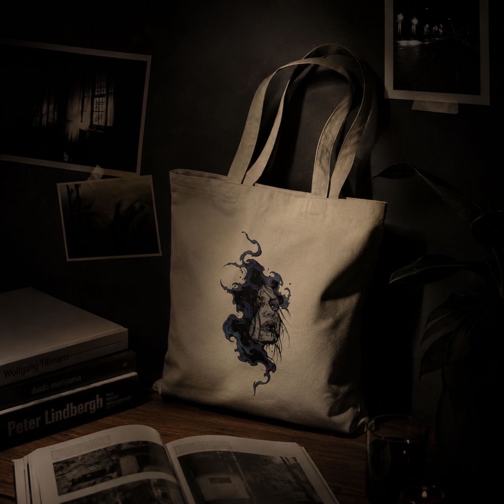 haunted portrait canvas tote bag — heavyweight nostalgic streetwear tote