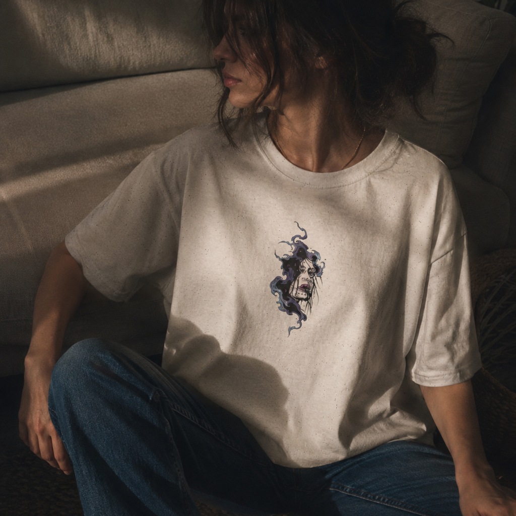 haunted portrait printed t-shirt — nostalgic minimalist streetwear tee