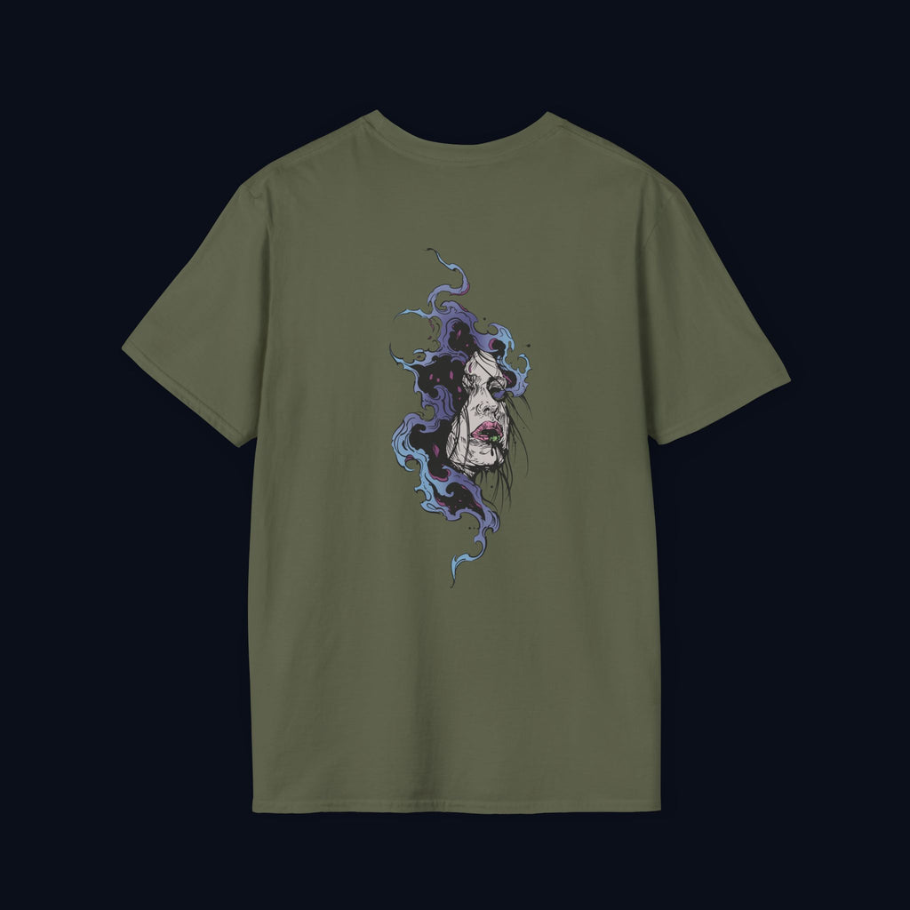 haunted portrait back print t-shirt — nostalgic streetwear inspired by memories