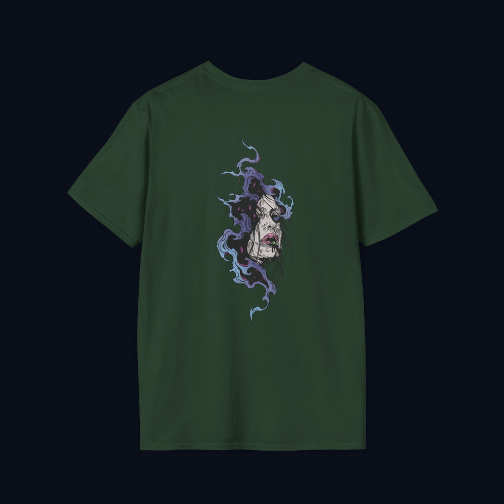 haunted portrait back print t-shirt — nostalgic streetwear inspired by memories