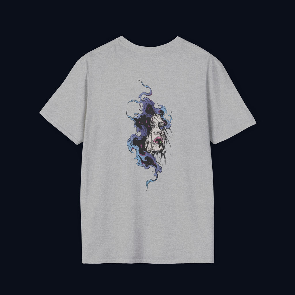 haunted portrait back print t-shirt — nostalgic streetwear inspired by memories